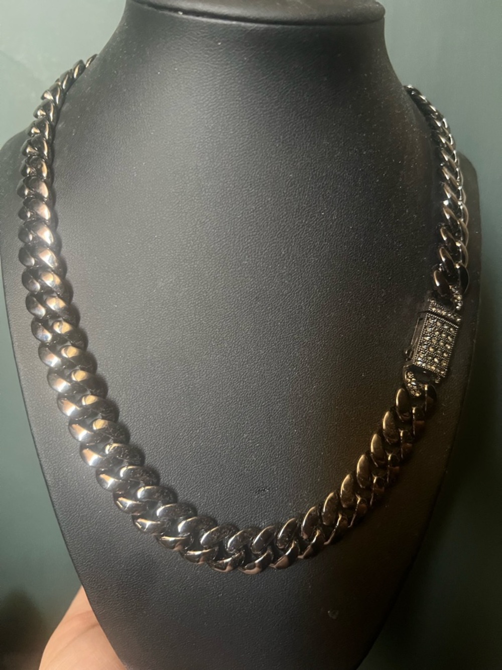 Black Cuban Link Chain Necklace with Pavé Clasp - Picture 3 of 4